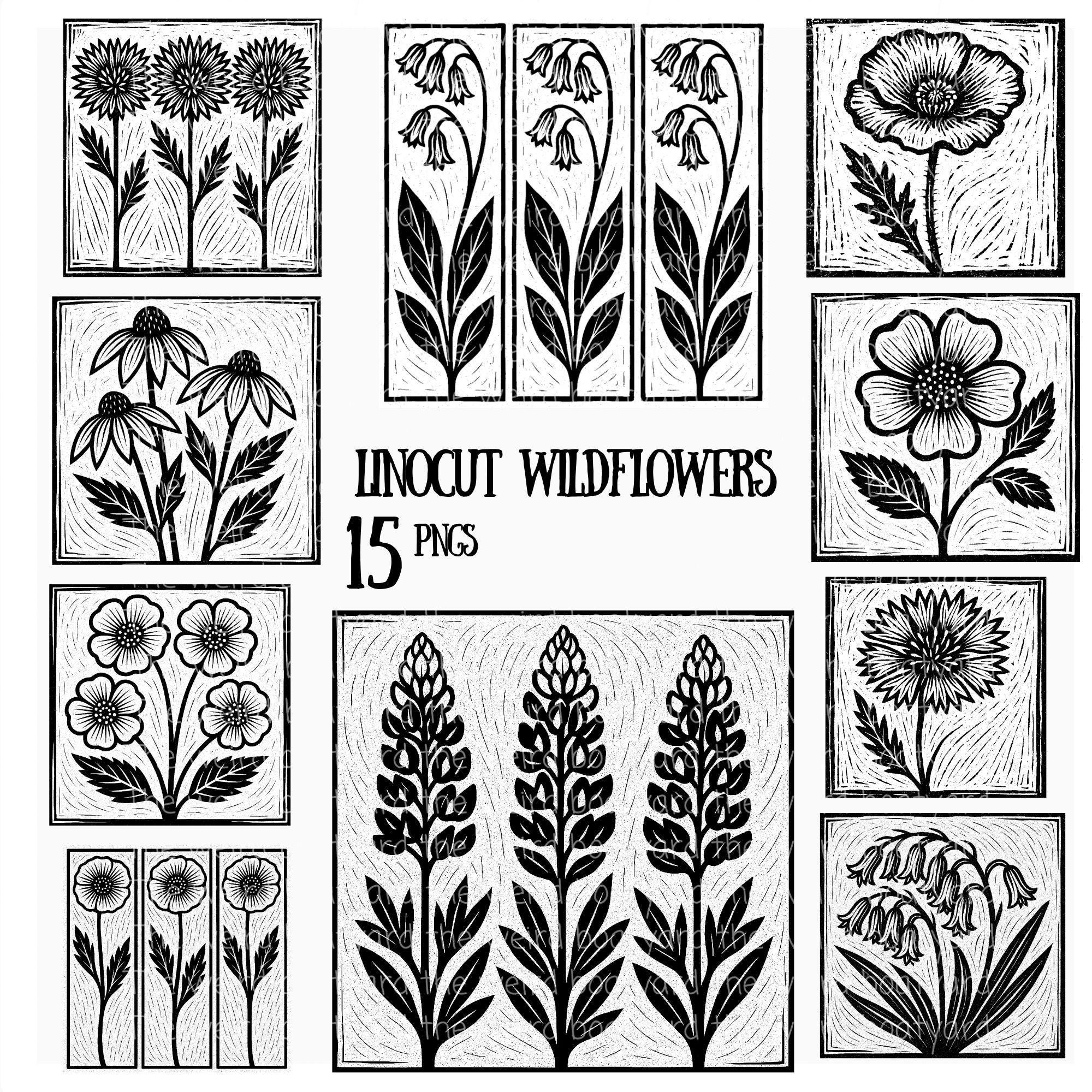 15 Linocut Wildflower Clipart PNGs, Vintage Botanical PNGs, Digital Woodcut Floral Graphics, Black and White Wild Flowers Image Pack