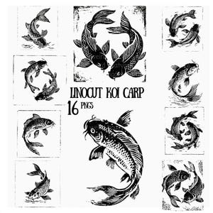 May include: A collection of black and white linocut images featuring koi carp. The text "LINOCUT KOI CARP" and "16 PNGS" is included. The carp are shown in different positions, with detailed linework and a traditional Japanese aesthetic.