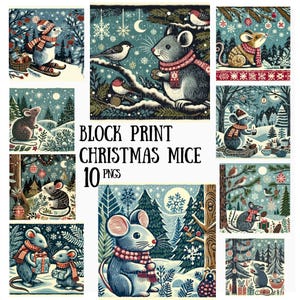 10 blocs impression Noël souris PNGs, clipart souris d'hiver, illustrations de vacances dans les bois confortables, téléchargements de Style vintage festif