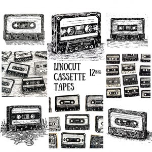 May include: A collection of black and white linocut cassette tapes. The image features various illustrations of cassette tapes, some stacked, and others scattered. The text "LINOCUT CASSETTE TAPES 12 PNGS" is also visible.