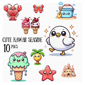 10 uroczych kawaii nadmorskich clipartów, basen pływowy kawaii png, natychmiastowe pobieranie cyfrowe, kawaii krab, plaża, zamek z piasku, rozgwiazda, lody, homar