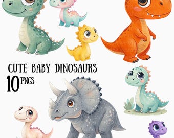 May include: A set of 10 cute baby dinosaur illustrations. The dinosaurs are in various colors, including green, blue, orange, yellow, gray, and purple. They are all drawn in a cartoon style with big eyes and friendly expressions.  The text "Cute Baby Dinosaurs 10 PNGs" is at the bottom of the image.