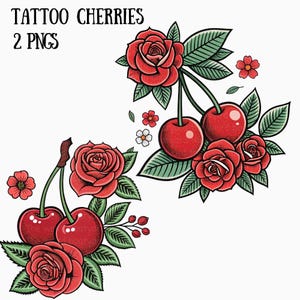 2 tatouage traditionnel cerises PNG, Old School Rose et cerise Design, Clipart numérique pour impression, téléchargement PNG Style tatouage, art de la cerise