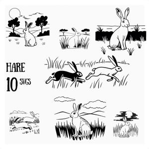 May include: A set of 10 black and white SVG files featuring various illustrations of hares in different poses. The illustrations include hares running, sitting, and standing in grassy fields. The text "HARE 10 SVGs" is included in the image.