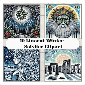 10 stampe digitali in linoleografia del solstizio d'inverno, arte festiva, biglietti e artigianato, celeste, uomo verde, Stonehenge, rinascita, arte del rinnovamento, arte dell'equinozio