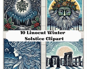 10 Winter Solstice Digital Linocut Prints, Festive Art, Cards & Crafts, Celestial, Green Man, Stonehenge, Rebirth, Renewal Art, Equinox Art