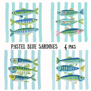 Könnte beinhalten: Aquarell-Illustration von pastellblauen Sardinen mit grünen, gelben und rosa Akzenten. Die Fische sind auf einem weißen Hintergrund mit hellblauen vertikalen Streifen angeordnet. Der Text lautet "PASTEL BLUE SARDINES 4 PNGs".