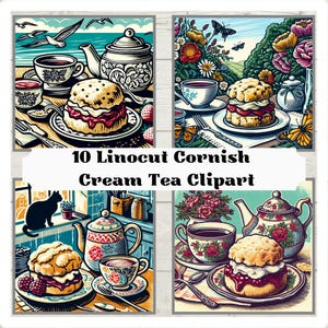 10 clipart de chá com creme da Cornualha no estilo linóleo, arte britânica, creme coagulado, geléia primeiro, arte da Cornualha, cultura da Cornualha, licença comercial, PNG.