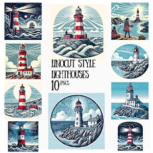 10 PNG di fari in stile linoleografia, clipart costiere per l'artigianato nautico, illustrazioni digitali marittime d'epoca, pacchetto di arte marinara