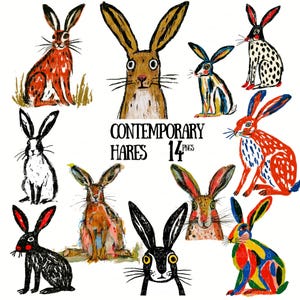 Puede incluir: Una colección de 14 ilustraciones digitales de liebres en varios estilos artísticos y colores, incluyendo patrones rojos, negros, blancos y multicolores. El texto "CONTEMPORARY HARES 14 PNGS" está centrado entre los diversos dibujos de liebres.
