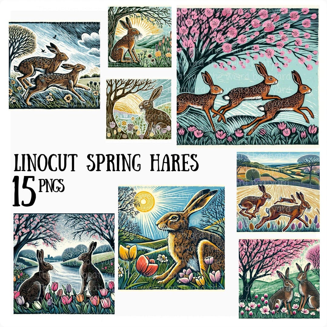 15 Linocut Spring Hare Clipart Images: Seasonal Art (digital Download ...