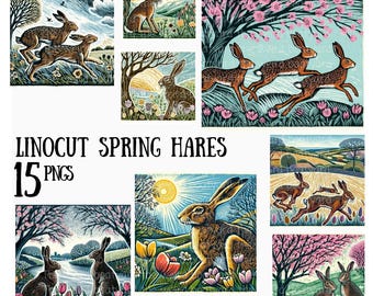 15 Linocut Style Spring Hare Clipart Images | Digital Download | Hare Art | Perfect for Crafts, Cards & Decor | Seasonal Spring, Easter Art