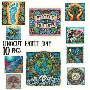 Earth Day Linocut Clipart: Nature Illustrations, Eco PNGs (Commercial Licence)