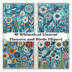 Könnte beinhalten: Vier digitale Illustrationen von skurrilen Blumen und Vögeln im Linolschnitt-Stil. Die Bilder zeigen einen blauen Hintergrund mit bunten Blumen, Blättern und Vögeln. Der Text "10 Whimsical Linocut Flowers and Birds Clipart" wird in der Mitte des Bildes angezeigt.