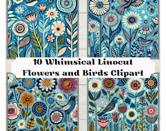 10 Whimsical Linocut Clipart Images: Blue Flowers & Birds - Perfect for Crafts, Scrapbooking, and Digital Projects
