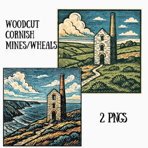 May include: Two woodcuts depicting Cornish mines. The first shows a white building with a tall chimney against a green hillside. The second shows a similar building on a cliff overlooking a blue sea.