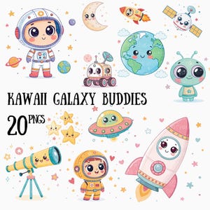 20 PNG de amigos de la galaxia kawaii, lindos gráficos espaciales, astronautas, planetas, extraterrestres, ovnis, cohetes, constelaciones, descarga digital, arte infantil