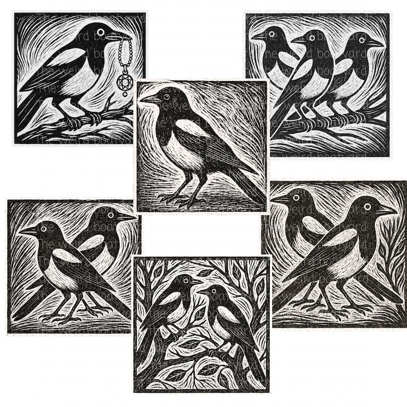 Magpie Collection Woodcut Magpie Clipart: Vintage Black & White Bird Pngs (6 Images) - Etsy