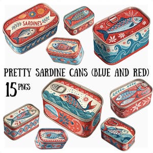 15 bonitas imágenes prediseñadas de latas de sardinas (edición azul y roja), PNG con fondos transparentes, imágenes estéticas de pescadores, para manualidades y tarjetas