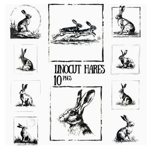 May include: A collection of ten black and white linocut hare illustrations in various poses. The images include hares sitting, running, and in profile, all within a square or circular frame. The text "LINOCUT HARES 10 PNGS" is also present.