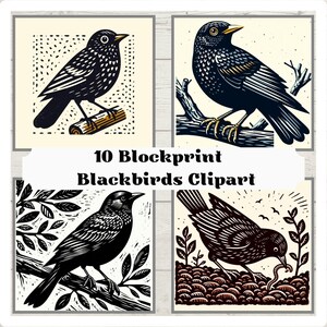Blackbird-afbeeldingen in digitale blokdrukstijl: 10 afbeeldingen van hoge kwaliteit, scrapbooking, kunst aan de muur en knutselprojecten, directe downloads