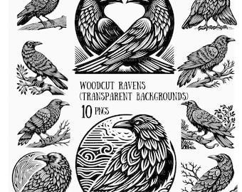 Woodcut Raven Clipart: Vintage Gothic PNG Images (Digital Download)