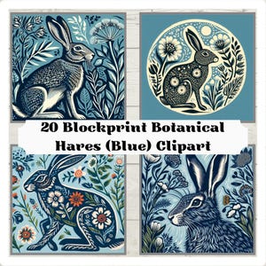 20 Images Clipart Lièvre Botanique Style Blockprint (Bleu) | Téléchargement numérique | Art du lièvre | Parfait pour les travaux manuels, les cartes et la décoration | Art de la nature