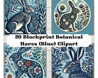 Blue Botanical Hare Clipart: Blockprint Style Images (Digital Download)