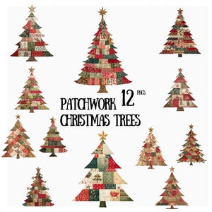 Peut inclure: Ensemble de 12 sapins de Noël en patchwork de différentes tailles et motifs. Chaque arbre est orné d'une étoile et composé de carrés de tissu aux motifs rouges, verts et beiges. Le texte "PATCHWORK 12 PNGS CHRISTMAS TREES" est affiché.
