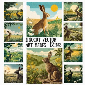 May include: A collection of 12 digital art prints featuring hares in a vintage linocut style. Each print showcases a hare in a natural landscape with a sunny sky, fields, and flowers. The color palette includes greens, browns, and yellows.