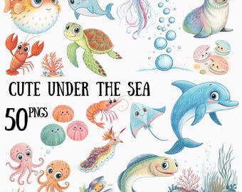 Clipart de fundo do mar: 50 animais do oceano PNG (download digital)