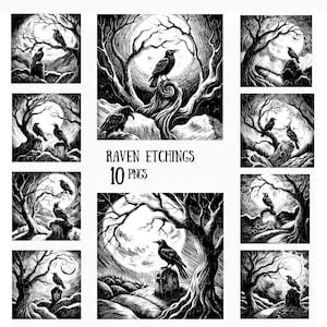 May include: Black and white raven etchings. The images depict ravens perched on tree branches, tombstones, and twisted tree trunks, set against a backdrop of a full moon and a forest. The text "Raven Etchings 10 PNGs" is included.