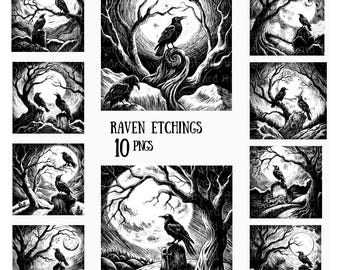 May include: Black and white raven etchings. The images depict ravens perched on tree branches, tombstones, and twisted tree trunks, set against a backdrop of a full moon and a forest. The text "Raven Etchings 10 PNGs" is included.