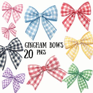 20 Gingham Bows PNG Clipart, Blue, Green, Pink, Yellow, Black, Grey, Gingham Bow PNGs for Crafts, Sublimation, Stickers, Scrapbook, POD