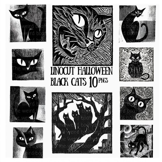 Linocut Halloween Black Cat PNGs: Spooky Gothic Clipart (Instant Download)