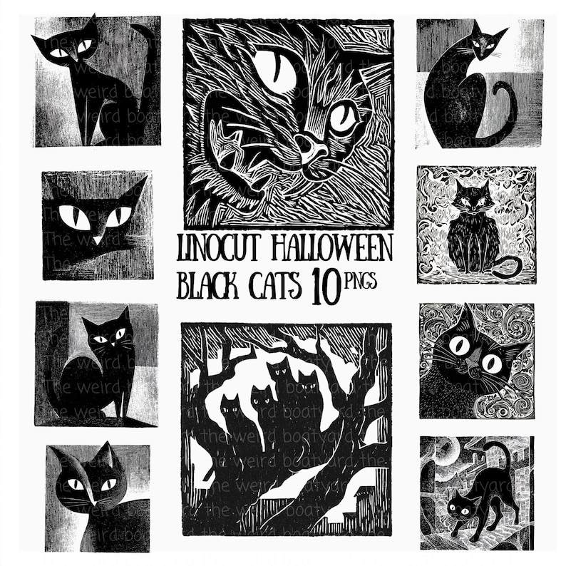 May include: A collection of ten black cat linocut designs for Halloween. The images feature various poses and styles of black cats, with some designs including text. The artwork is in black and white.