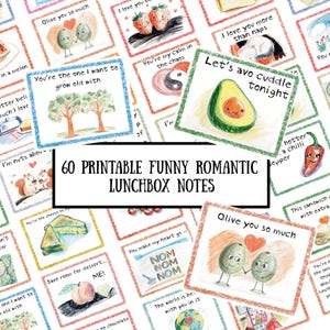 60 afdrukbare grappige romantische lunchbox-aantekeningen, liefdesbriefjes in krijtstijl voor volwassenen, leuke lunchverrassingsberichten, digitale download, A4-pdf