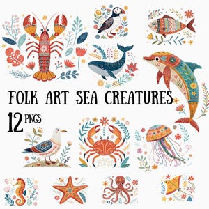 12 créatures marines d'art populaire PNG, Clipart sous-marin, pieuvre, macareux, baleine, raie, homard, téléchargement numérique nautique côtier, animaux de l'océan