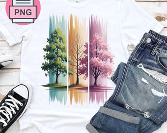 Tree Seasons Brushstroke PNG, Summer, Winter and Spring Design with Blossom & Leaves, Brushstroke Trend Clipart, POD Shirt Design Tree PNG