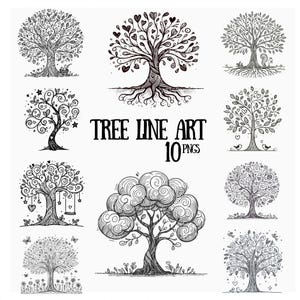 Line Drawn Tree Clipart: Whimsical Art with Birds & Squirrels (Instant Download)
