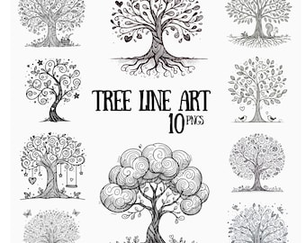 Line Drawn Tree Clipart: Whimsical Art with Birds & Squirrels (Instant Download)
