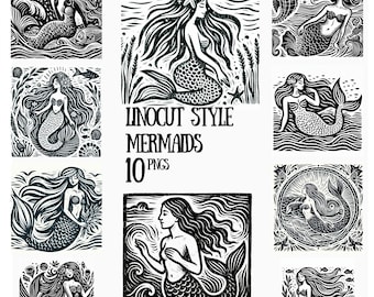 Linocut Mermaid Clipart: Seaweed & Fish Illustrations (PNG)