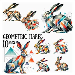 May include: Ten digital illustrations of geometric hares in various poses. The hares are made up of colorful geometric shapes and patterns. The background is white.