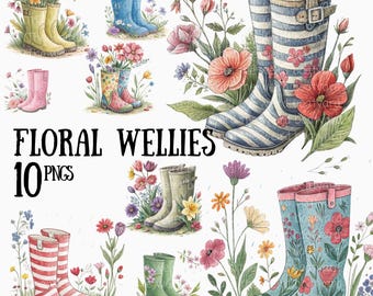 10 PNG Floral Wellington Boots Clipart: Spring Garden (Digital Download)