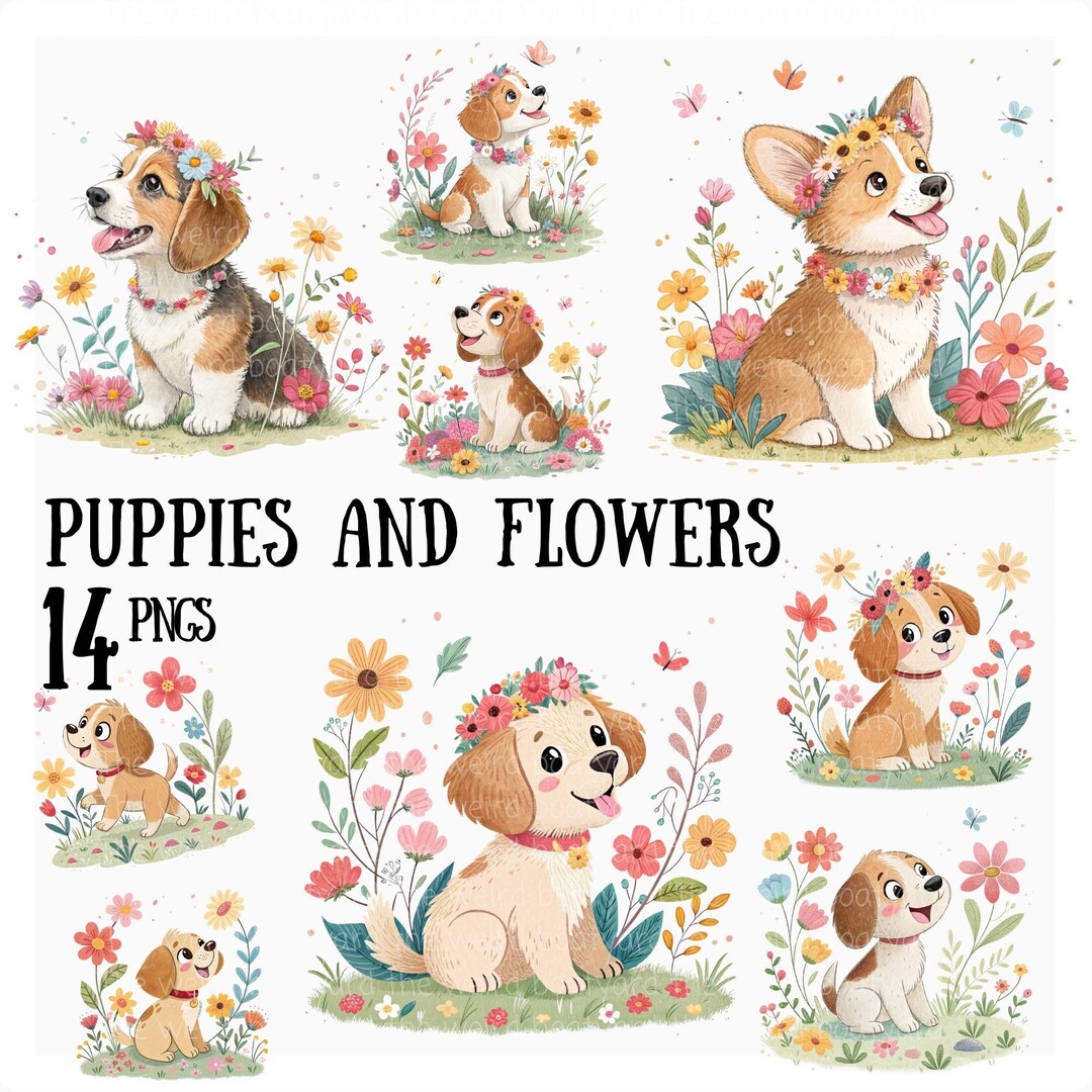 14 Cute Puppies With Flowers PNG Bundle | Dog Clipart Pack | Floral ...