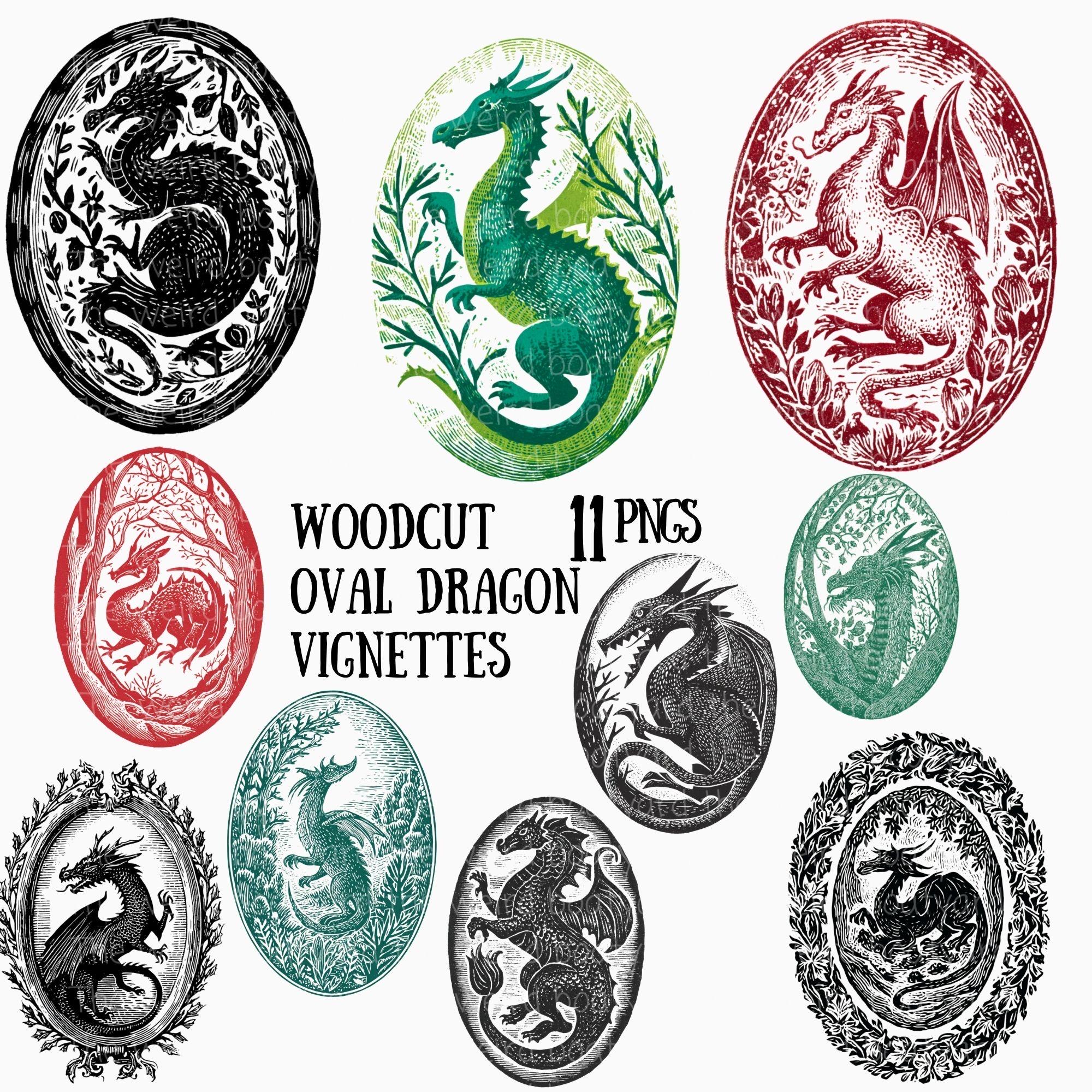 Woodcut Dragon Vignettes: Medieval Fantasy PNG Clipart (Digital Download), image size:2000x2000