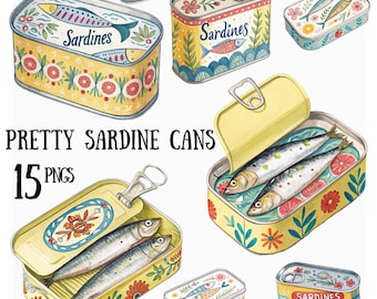 Imágenes prediseñadas de latas de sardinas en acuarela: Arte de pescadores (15 imágenes PNG)