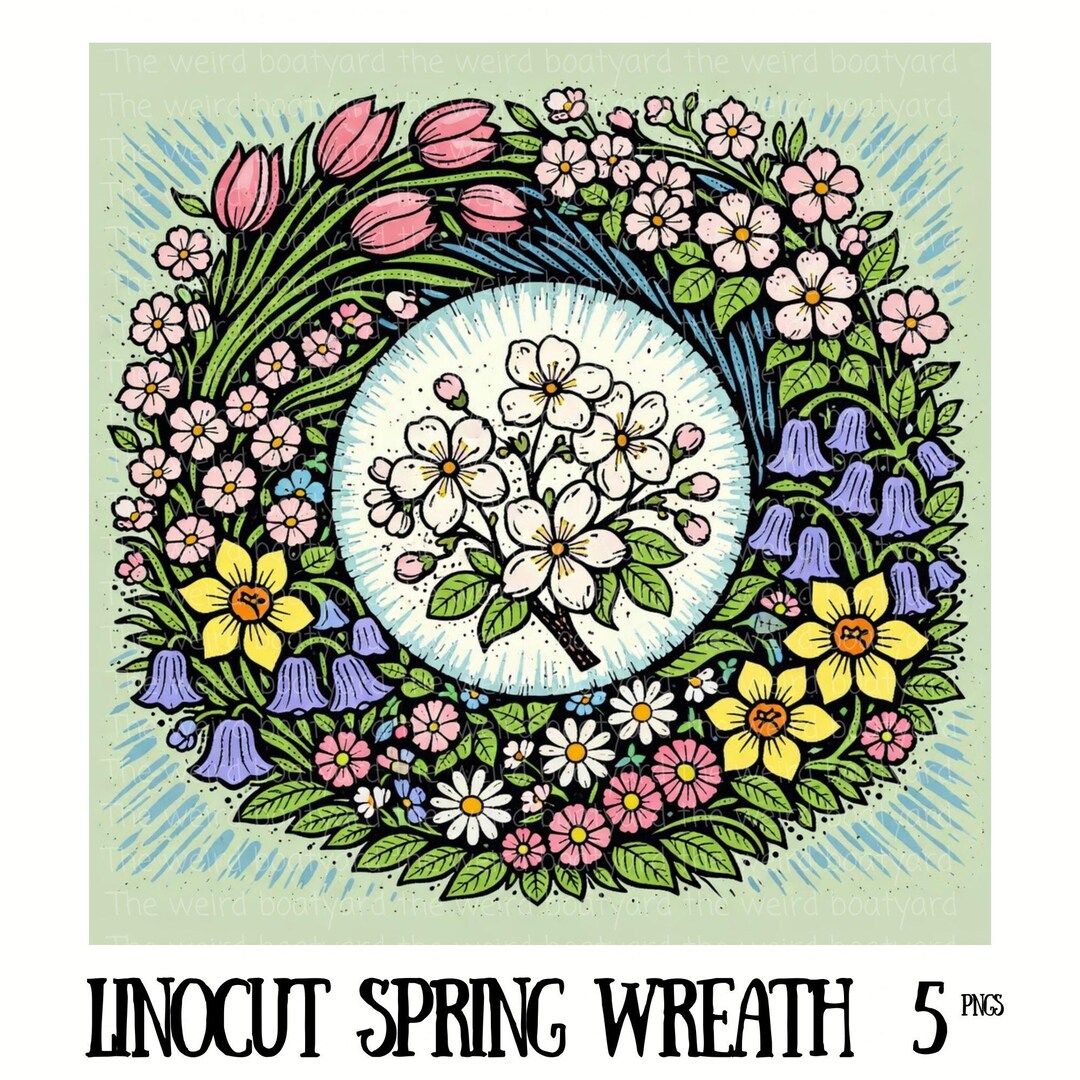 Spring Break Linocut Linocut Spring Wreath PNG Bundle, Floral Blossom Clipart (digital ...