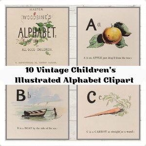 26 Victoriaanse gravures van alfabetletters door William James Linton - Master Woodbines Alphabet for Children 1850, kunst, woondecoraties en ambacht