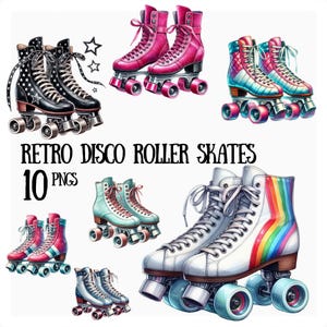 Può includere: Collezione di pattini a rotelle retrò disco in vari colori, tra cui nero con stelle, rosa, verde acqua e bianco con una striscia arcobaleno. L'immagine include il testo "Retro Disco Roller Skates" e "10 PNGs".